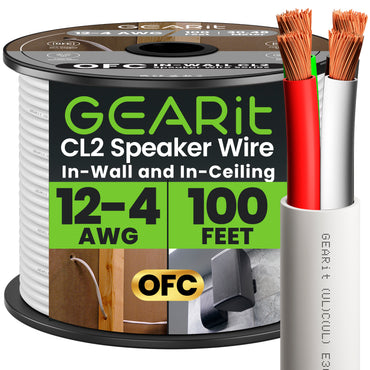 12 AWG In Wall Speaker Wire 4-Conductor Bi-Wire Cables - CL2 Rated - Oxygen Free Copper (OFC), White