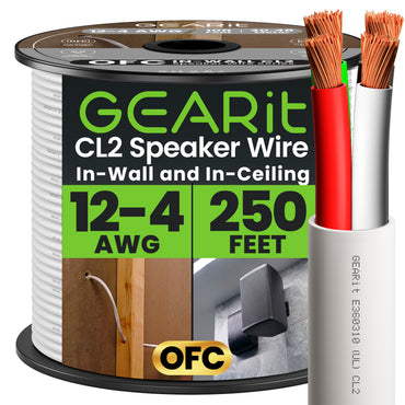 12 AWG In Wall Speaker Wire 4-Conductor Bi-Wire Cables - CL2 Rated - Oxygen Free Copper (OFC), White