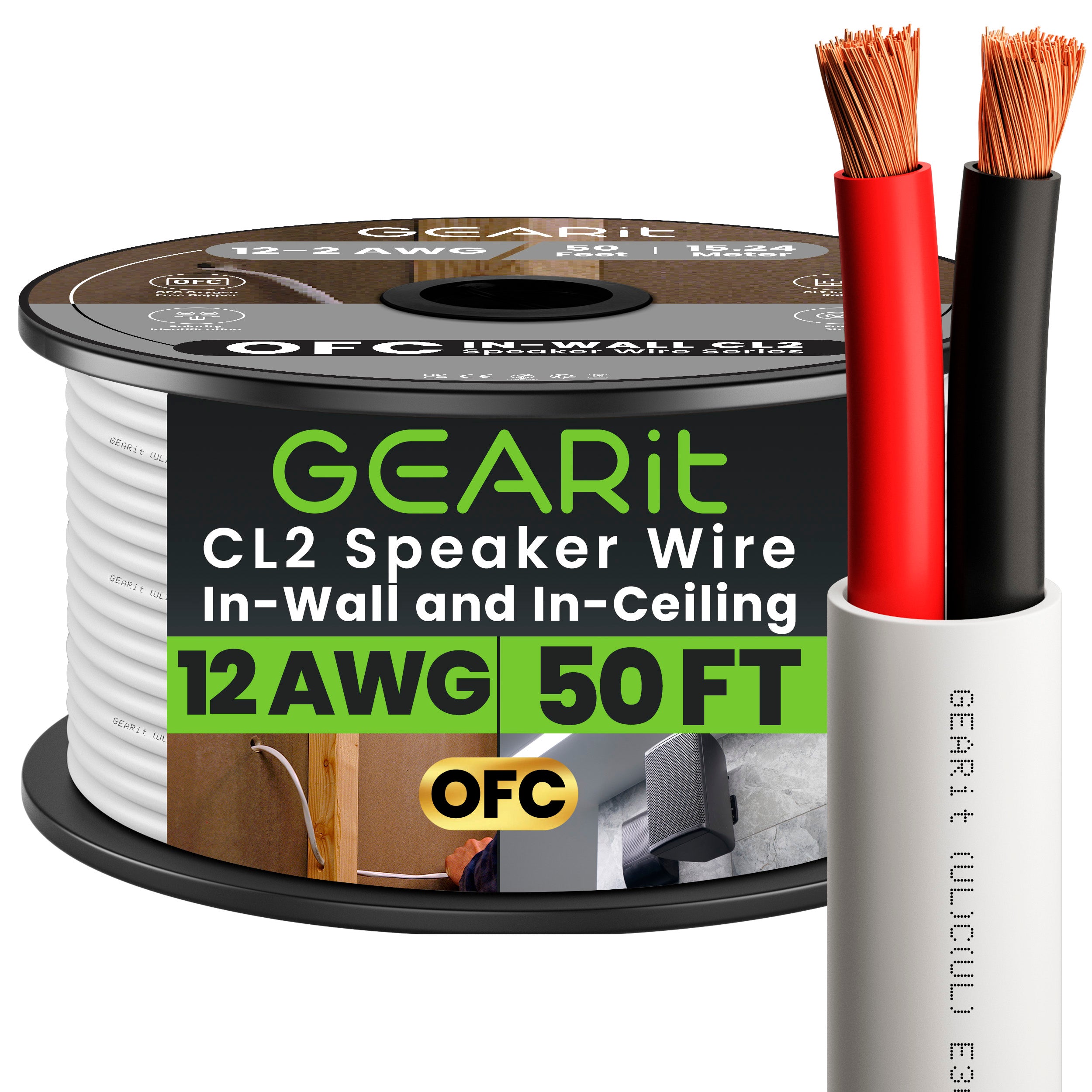12 AWG In Wall Speaker Wire - CL2 Rated - Oxygen Free Copper (OFC)