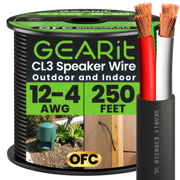 12 AWG Direct Burial Speaker Wire 4-Conductor Bi-Wire Cables - CL3 Rated - Oxygen Free Copper (OFC), Black