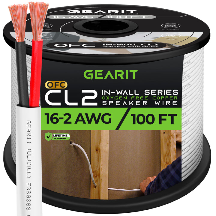 GearIT 16 AWG In Wall Speaker Wire - CL2 Rated - Oxygen Free Copper (OFC), White GearIT