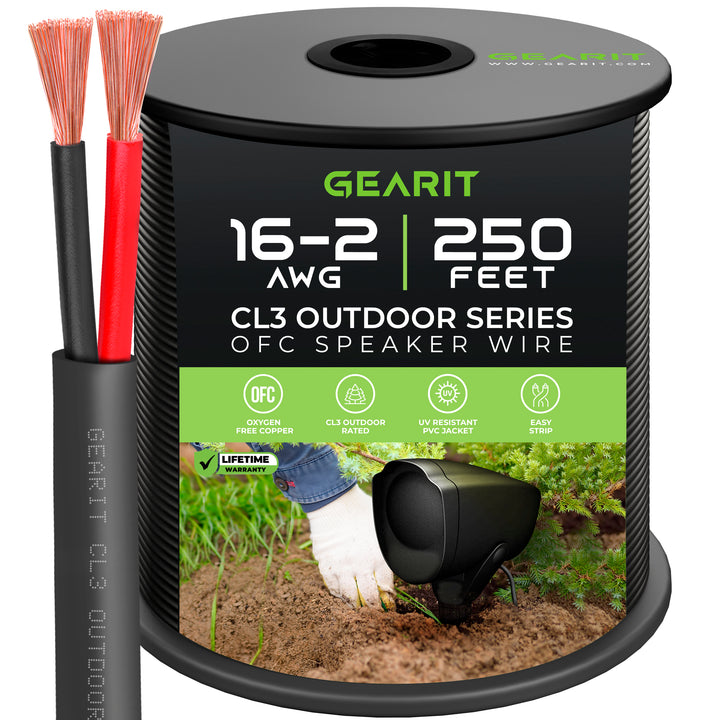 GearIT 16 AWG Direct Burial Outdoor Speaker Wire - CL3 Rated - Oxygen Free Copper (OFC), Black GearIT