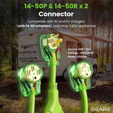 50 Amp NEMA 14-50P to Dual NEMA 14-50R Splitter Power Cord Adapter - 4 Prong STW 6/3, 8/1 AWG