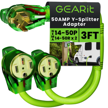 50 Amp NEMA 14-50P to Dual NEMA 14-50R Splitter Power Cord Adapter - 4 Prong STW 6/3, 8/1 AWG