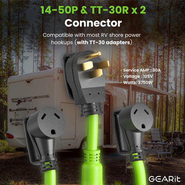 50 Amp NEMA 14-50P to Dual 30 Amp NEMA TT-30R Splitter Power Cord Adapter - STW 10AWG 3C