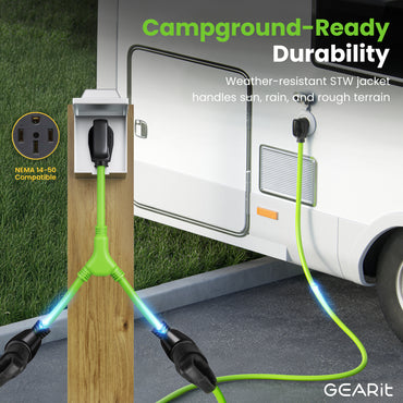 50 Amp NEMA 14-50P to Dual 30 Amp NEMA TT-30R Splitter Power Cord Adapter - STW 10AWG 3C