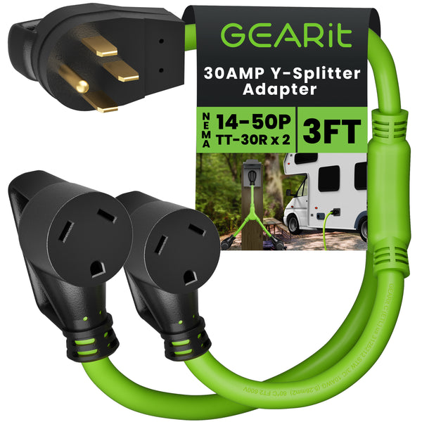 50 Amp NEMA 14-50P to Dual 30 Amp NEMA TT-30R Splitter Power Cord Adapter - STW 10AWG 3C
