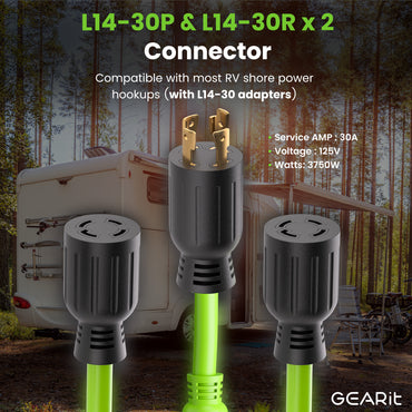 30 Amp 10/4 AWG NEMA L14-30P to 2x L14-30R SJTW Splitter Power Cord Adapter
