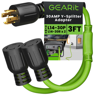 30 Amp 10/4 AWG NEMA L14-30P to 2x L14-30R SJTW Splitter Power Cord Adapter