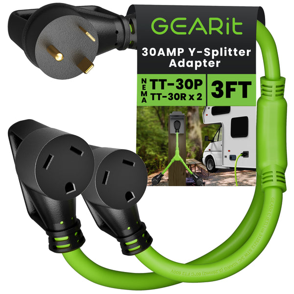 30 Amp NEMA TT-30P to Dual NEMA TT-30R Splitter Power Cord Adapter - 3 Prong STW 10AWG 3C