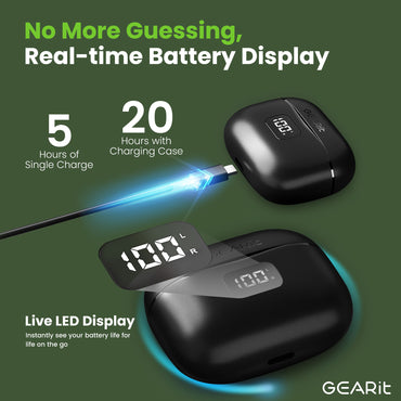 GEARit True Wireless Bluetooth Earbuds w/ Active Noise Cancellation, Touch Control LCD Display