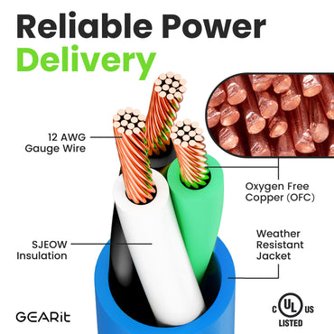 12/3 SJEOW Heavy Duty Outdoor Extension Cord 3 Outlet, 100 Feet