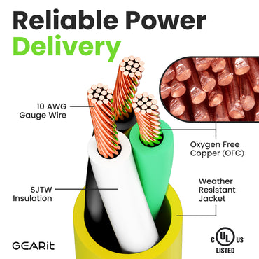 10/3 Outdoor Extension Cord 100 Feet - SJTW - Weather Resistant - 10 Gauge 3 Prong, Yellow