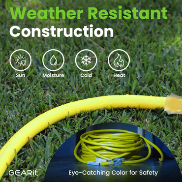 10/3 Outdoor Extension Cord 100 Feet - SJTW - Weather Resistant - 10 Gauge 3 Prong, Yellow