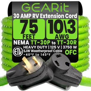 GEARit - RV Power Extension Cord - 30 Amp NEMA TT-30P to TT-30R, 125V, 10/3 AWG STW