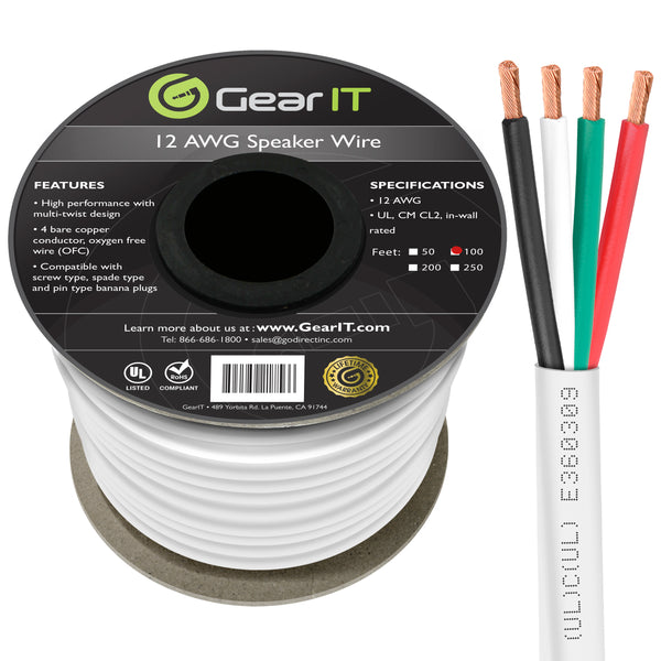 GearIT 12 AWG In Wall Speaker Wire 4-Conductor Bi-Wire Cables - CL2 Rated - Oxygen Free Copper (OFC), White - GearIT