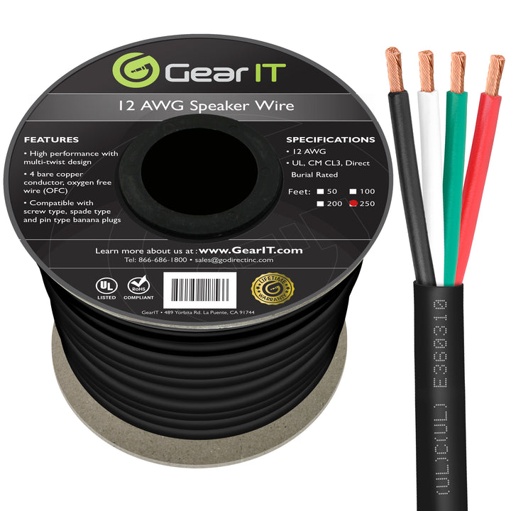 GearIT 12 AWG Direct Burial Speaker Wire 4-Conductor Bi-Wire Cables - CL3 Rated - Oxygen Free Copper (OFC), Black - GearIT
