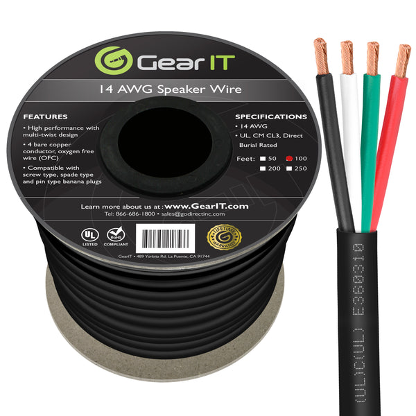 GearIT 14 AWG Direct Burial Speaker Wire 4-Conductor Bi-Wire Cables - CL3 Rated - Oxygen Free Copper (OFC), Black GearIT