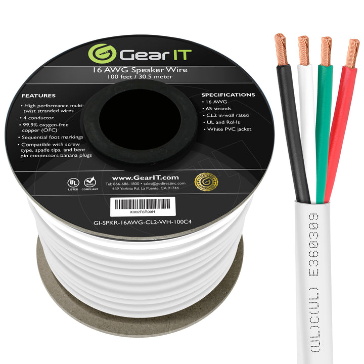 GearIT 16 AWG In Wall Speaker Wire 4-Conductor Bi-Wire Cables - CL2 Rated - Oxygen Free Copper (OFC), White - GearIT