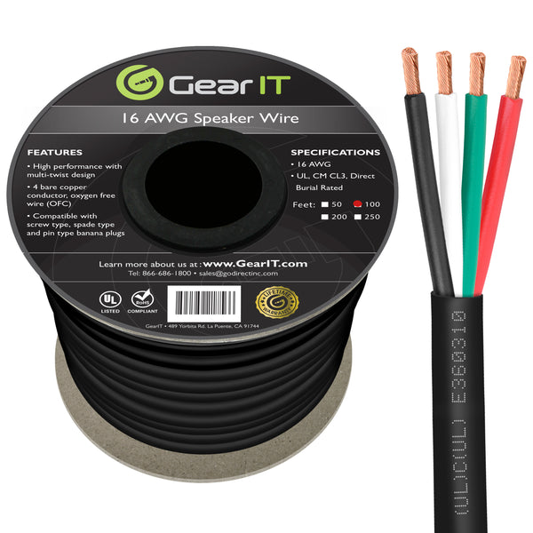 GearIT 16 AWG Direct Burial Speaker Wire 4-Conductor Bi-Wire Cables - CL3 Rated - Oxygen Free Copper (OFC), Black - GearIT