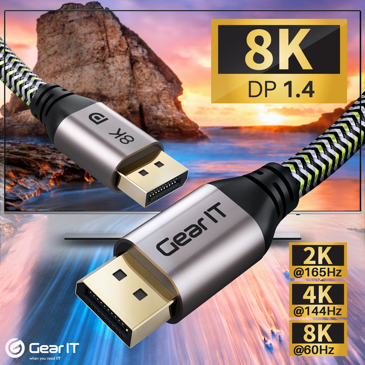GearIT 8K DisplayPort Cable - DP 1.4 Cable - 8K@60Hz / 4K@144Hz / 2K@165Hz, Braided - GearIT
