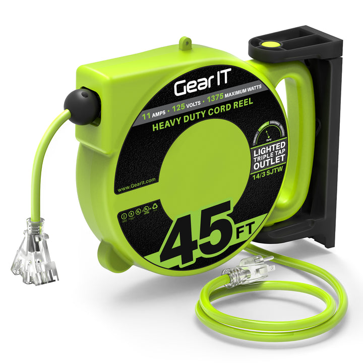 GearIT Retractable Extension Cord Reel (45ft) 14/3 AWG Gauge SJTW, 3 Outlets, LED Power Indicator, 11-Amps Circuit Breaker, 180 Degrees, UL Listed