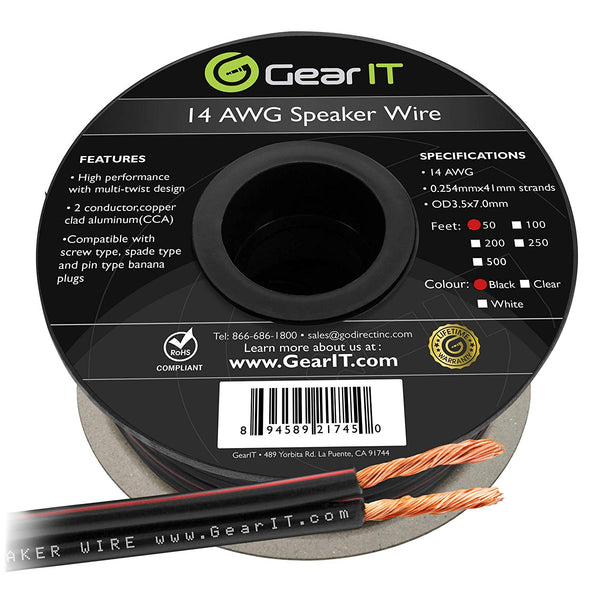 GearIT 14-Gauge Speaker Wire, CCA (Copper Clad Aluminum), Home Theatre, Car Speakers & More - 14 Awg - Pro Series - www.gearit.com