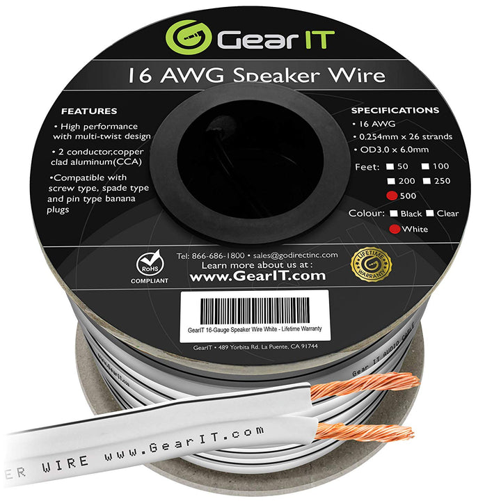 GearIT 16 Gauge Speaker Wire CCA - Copper Clad Aluminum - Home Theater, Car Speakers & More GearIT