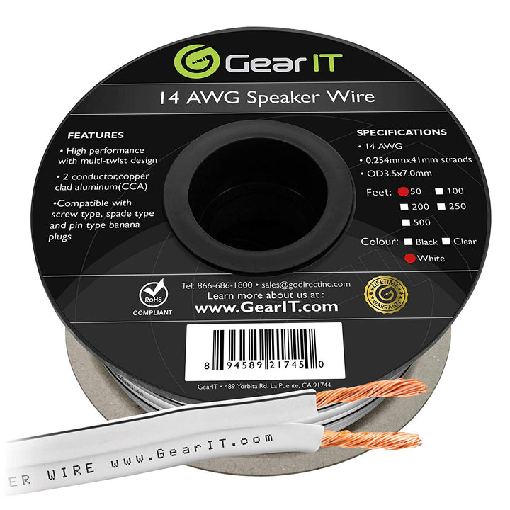 GearIT 14-Gauge Speaker Wire, CCA (Copper Clad Aluminum), Home Theatre, Car Speakers & More - 14 Awg - Pro Series - www.gearit.com