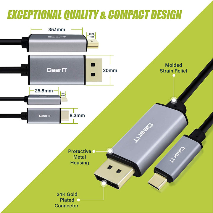 GearIT USB-C to DisplayPort Cable, [Thunderbolt 3 Port Compatible] USB Type-C, 4K@60Hz - Compatible for MacBook Pro 2018/2017, MacBook Air, iPad Pro - www.gearit.com
