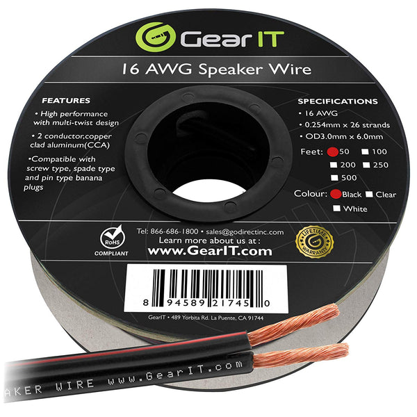 GearIT 16-Gauge Speaker Wire, CCA (Copper Clad Aluminum), Home Theatre, Car Speakers & More - 16 Awg - Pro Series - www.gearit.com