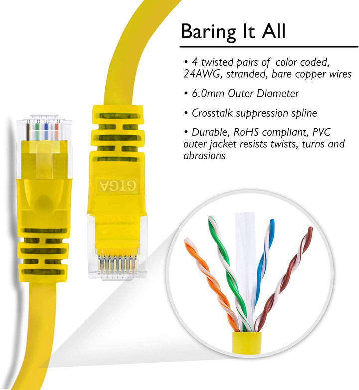GearIT Cat6 Ethernet Patch Cable - Snagless RJ45, Stranded, 550Mhz, UTP, Pure Bare Copper Wire, 24AWG  - Yellow - GearIT