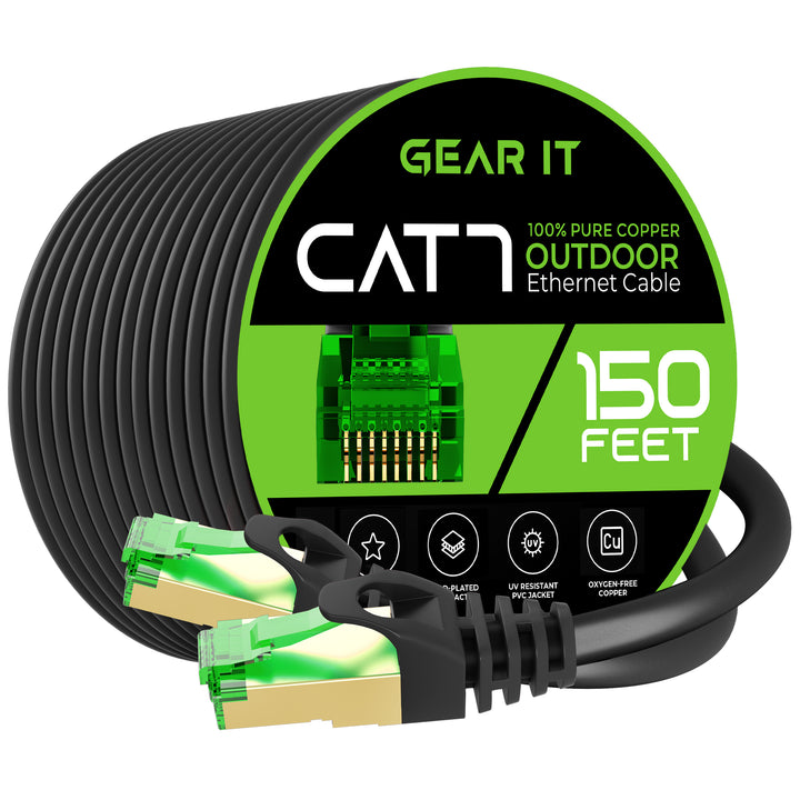 GearIT Cat7 Outdoor Ethernet Patch Cable - SFTP Shielded Foil Twisted Pair - Waterproof, Black - GearIT