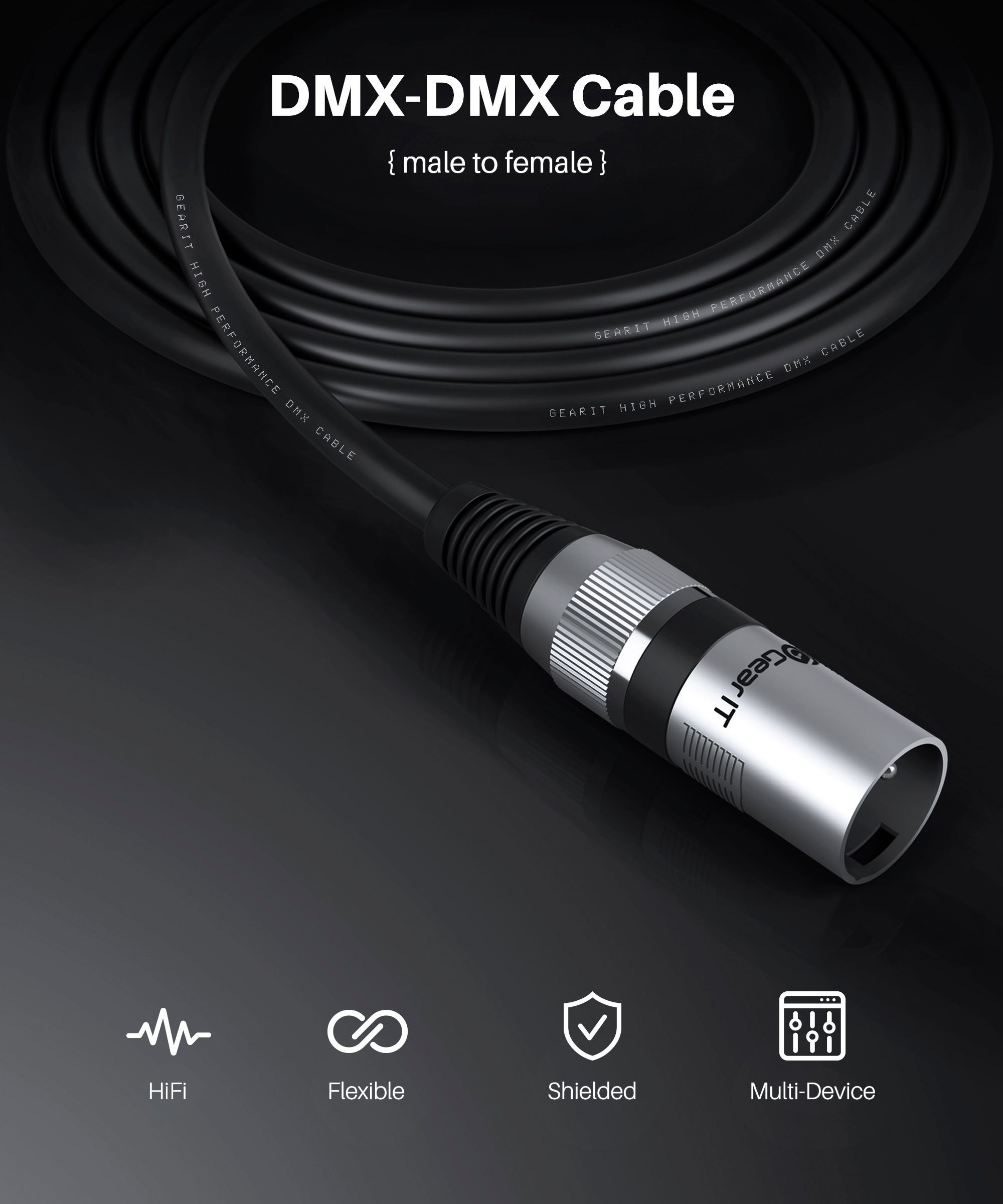 DMX Extension Cable for Stage Lighting 2-Pack, Black - GEARit