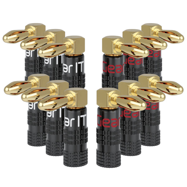 GearIT Speaker Banana Plugs - 90 Degree Pin Plug Type for Spring Clips Terminals - Gold Plated Connectors, 6 Pair 12 Pieces - GearIT