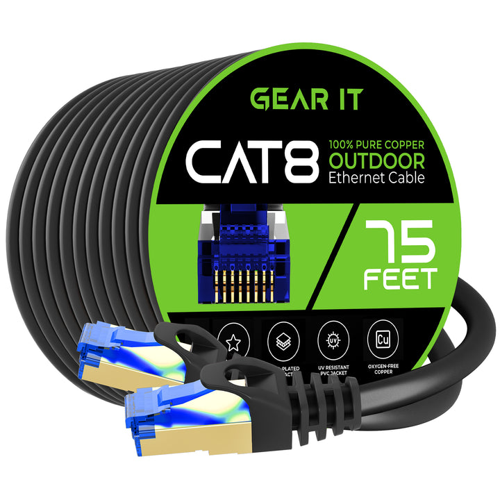 GearIT Cat8 Outdoor Ethernet Cable - Waterproof, Direct Burial, In-Ground, LLDPE, Black - GearIT