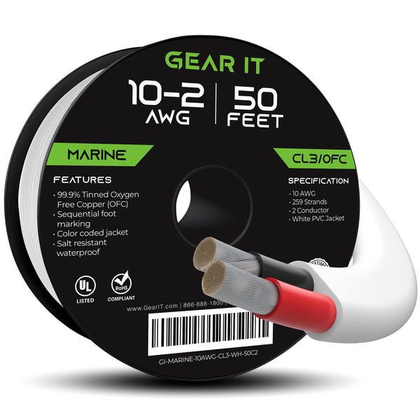 GearIT 10 AWG Marine Speaker Cable (50 Feet) - 2-Conductor Tinned Copper Wire OFC - Electrical Grade, White - GearIT