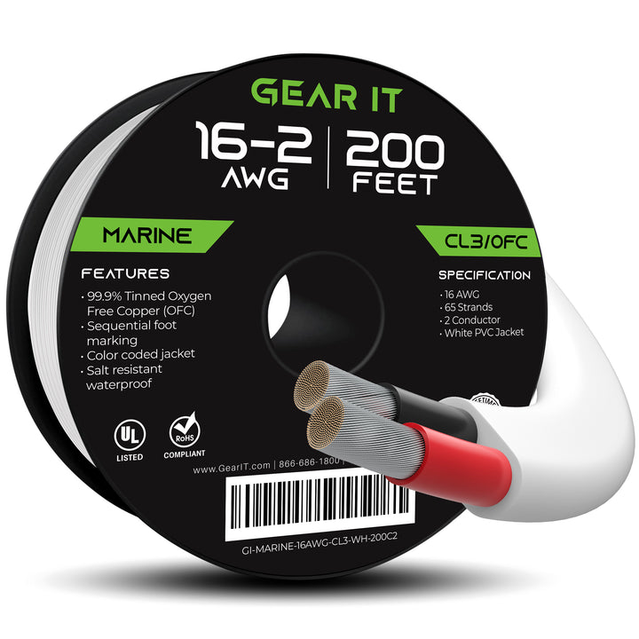 GearIT 16 AWG Marine Speaker Cable - 2-Conductor Tinned Copper Wire OFC - Electrical Grade, White GearIT