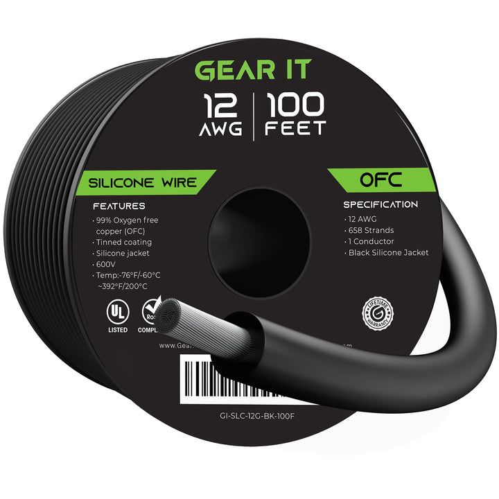 GearIT 12AWG 600V Tinned OFC Stranded Silicone Wire, Black - GearIT