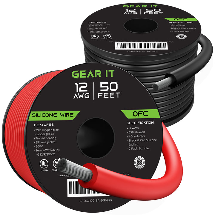 GearIT 12AWG 600V Tinned OFC Stranded Silicone Wire, 2-Pack (Black & Red) - GearIT