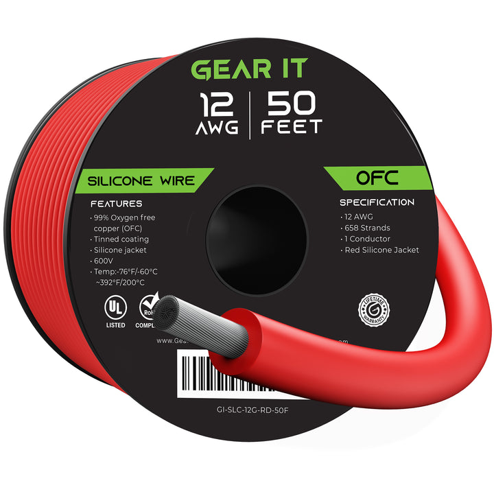 GearIT 12AWG 600V Tinned OFC Stranded Silicone Wire, Red - GearIT