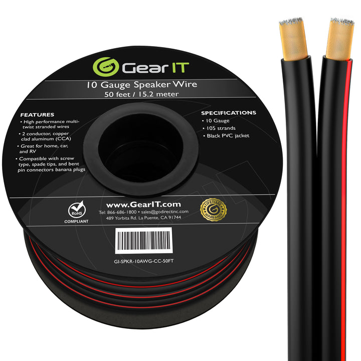 GearIT 10 Gauge Speaker Wire CCA - Copper Clad Aluminum, Black - GearIT