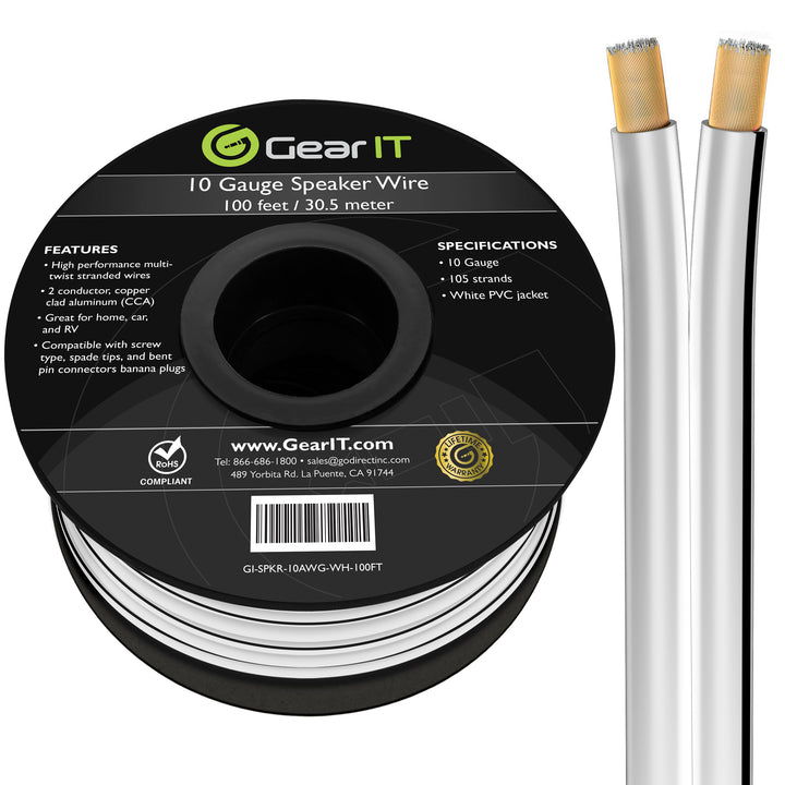 GearIT 10 Gauge Speaker Wire CCA - Copper Clad Aluminum, White - GearIT