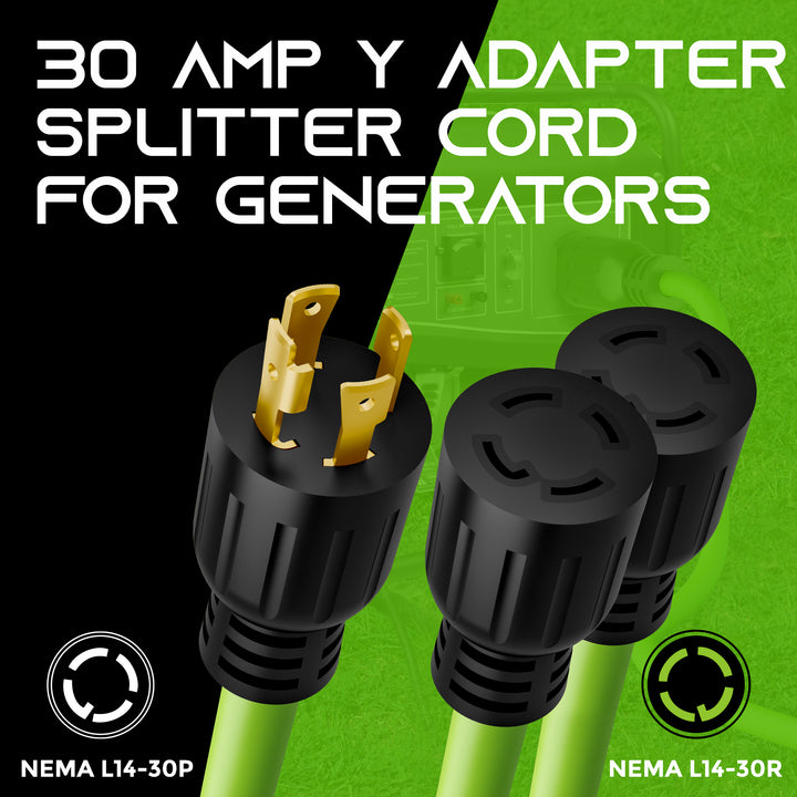 30 Amp NEMA L14-30P to Dual NEMA L14-30R Splitter Power Cord Adapter - Locking 4 Prong SJTW 10AWG 4C - GearIT