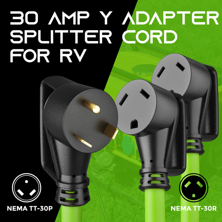 30 Amp NEMA TT-30P to Dual NEMA TT-30R Splitter Power Cord Adapter - 3 Prong STW 10AWG 3C - GearIT
