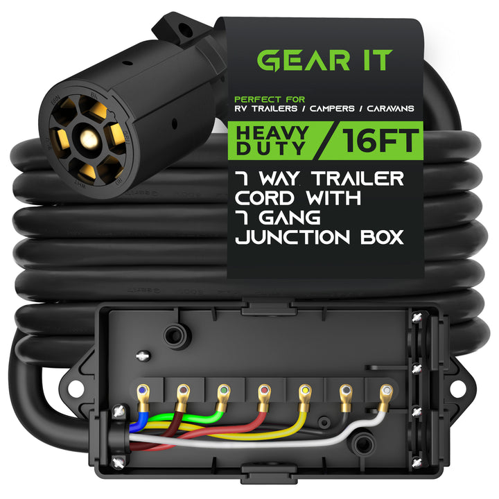 7 Way Plug Inline Trailer Cord with Weatherproof 7 Gang Junction Box - GearIT