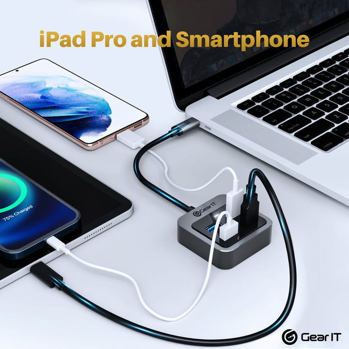 GearIT USB-C to USB-A Adaptor Type C HUB with BC1.2 Charging, x4 USB A 3.0, Type C Thunderbolt 3/4 compatible - GearIT