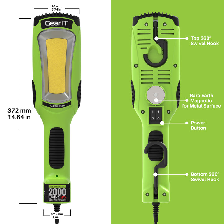 GearIT LED COB Work Light 2000 Lumen - 15ft Extra Long 16 Gauge SJTW Indoor/Outdoor Extension Cable, Green - GearIT