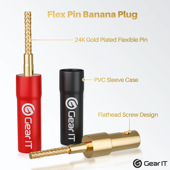 GearIT Speaker Banana Plugs - Flex Pin Plug Type - PVC Insulated Gold Plated Connectors, 6 Pair 12 Pieces GearIT