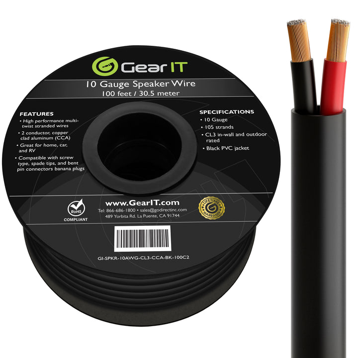 GearIT 10/2 Outdoor Speaker Wire 10 Gauge CCA - CL3 Rated for Direct Burial in Ground - GearIT